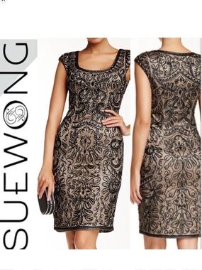 Sue Wong Cap Sleeve Embroidered And Lace Dress In‎ Gold & Black. Size 2